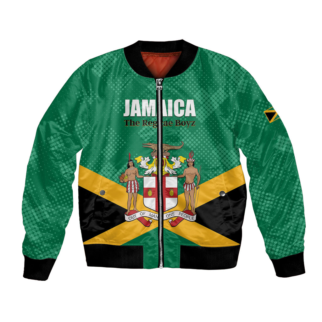 Green bomber jacket with front zipper and Jamaica flag graphic