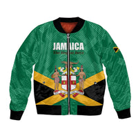 Green bomber jacket with front zipper and Jamaica flag graphic