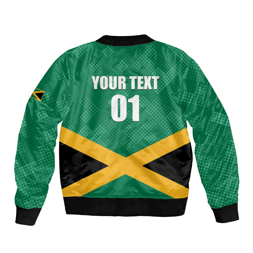Green bomber jacket back with YOUR TEXT 01 and Jamaica flag graphic