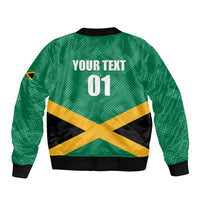 Green bomber jacket back with YOUR TEXT 01 and Jamaica flag graphic