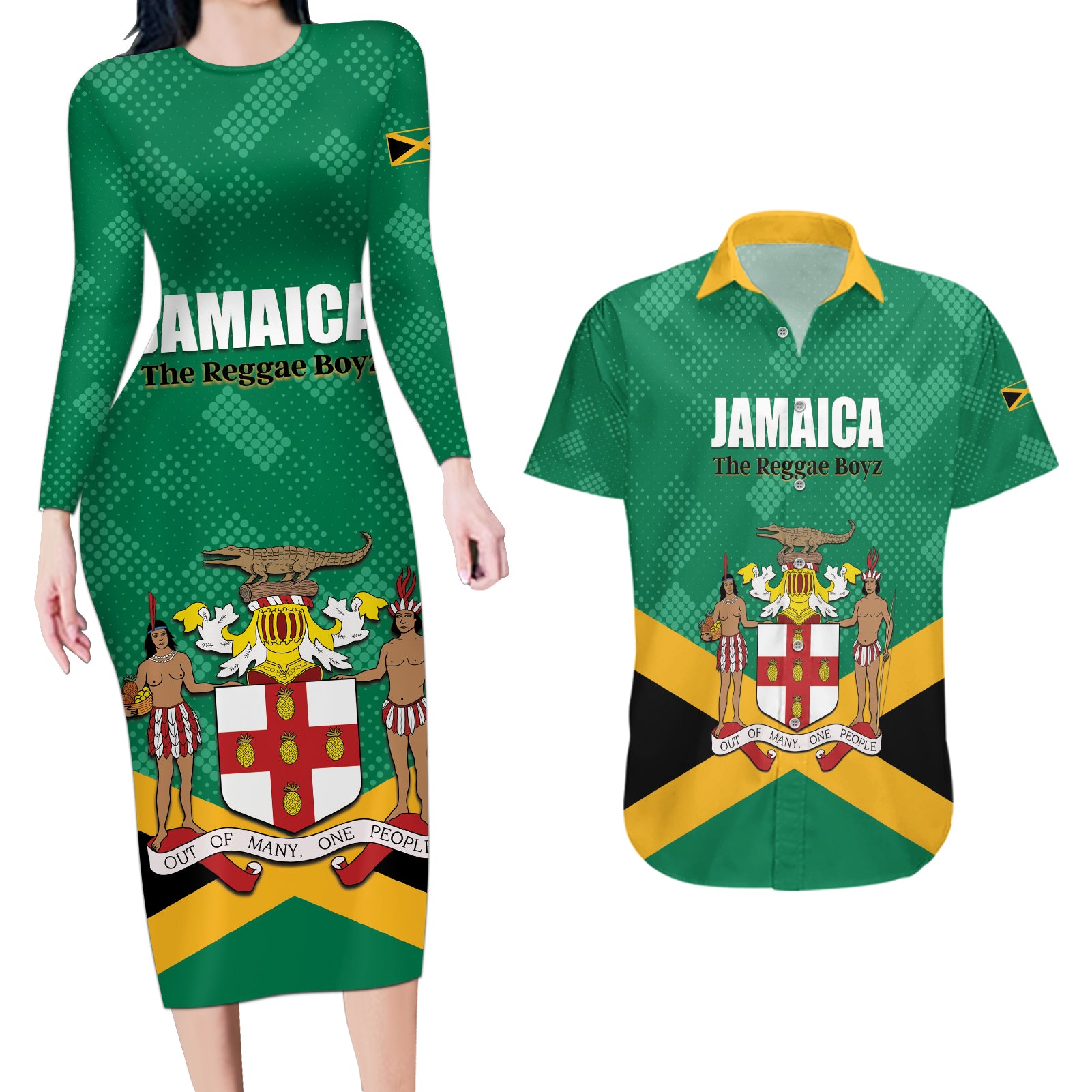 Personalized Jamaica 2024 Couples Matching Long Sleeve Bodycon Dress and Hawaiian Shirt Jumieka Reggae Boyz - Wonder Print Shop