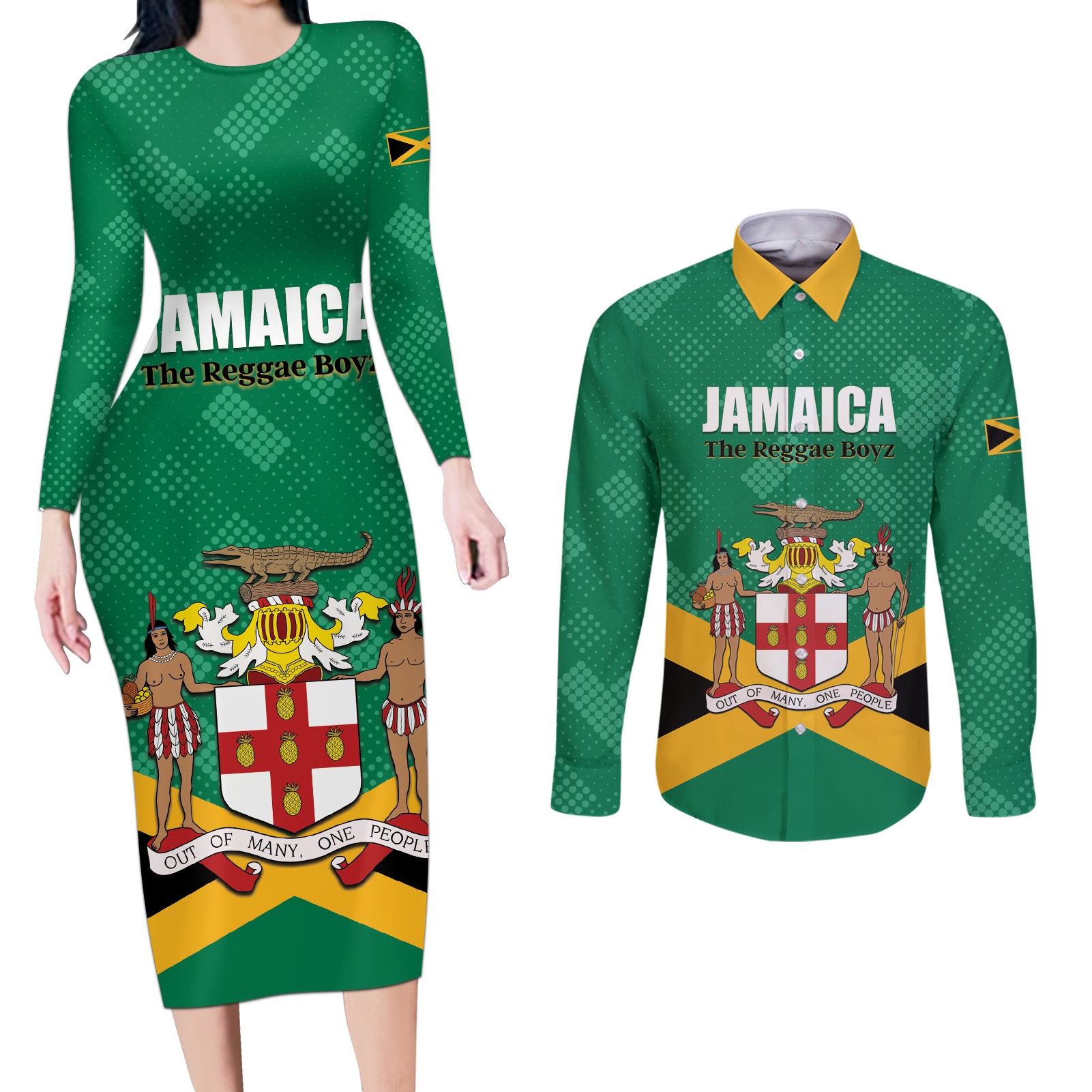 Personalized Jamaica 2024 Couples Matching Long Sleeve Bodycon Dress and Long Sleeve Button Shirt Jumieka Reggae Boyz - Wonder Print Shop