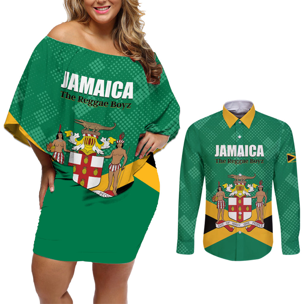 Personalized Jamaica 2024 Couples Matching Off Shoulder Short Dress and Long Sleeve Button Shirt Jumieka Reggae Boyz - Wonder Print Shop