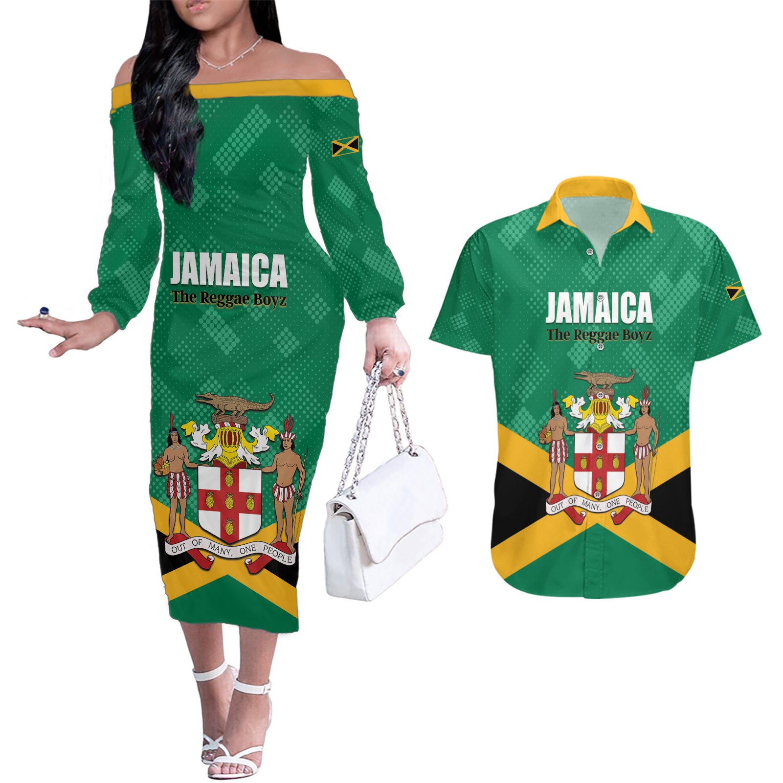 Personalized Jamaica 2024 Couples Matching Off The Shoulder Long Sleeve Dress and Hawaiian Shirt Jumieka Reggae Boyz - Wonder Print Shop