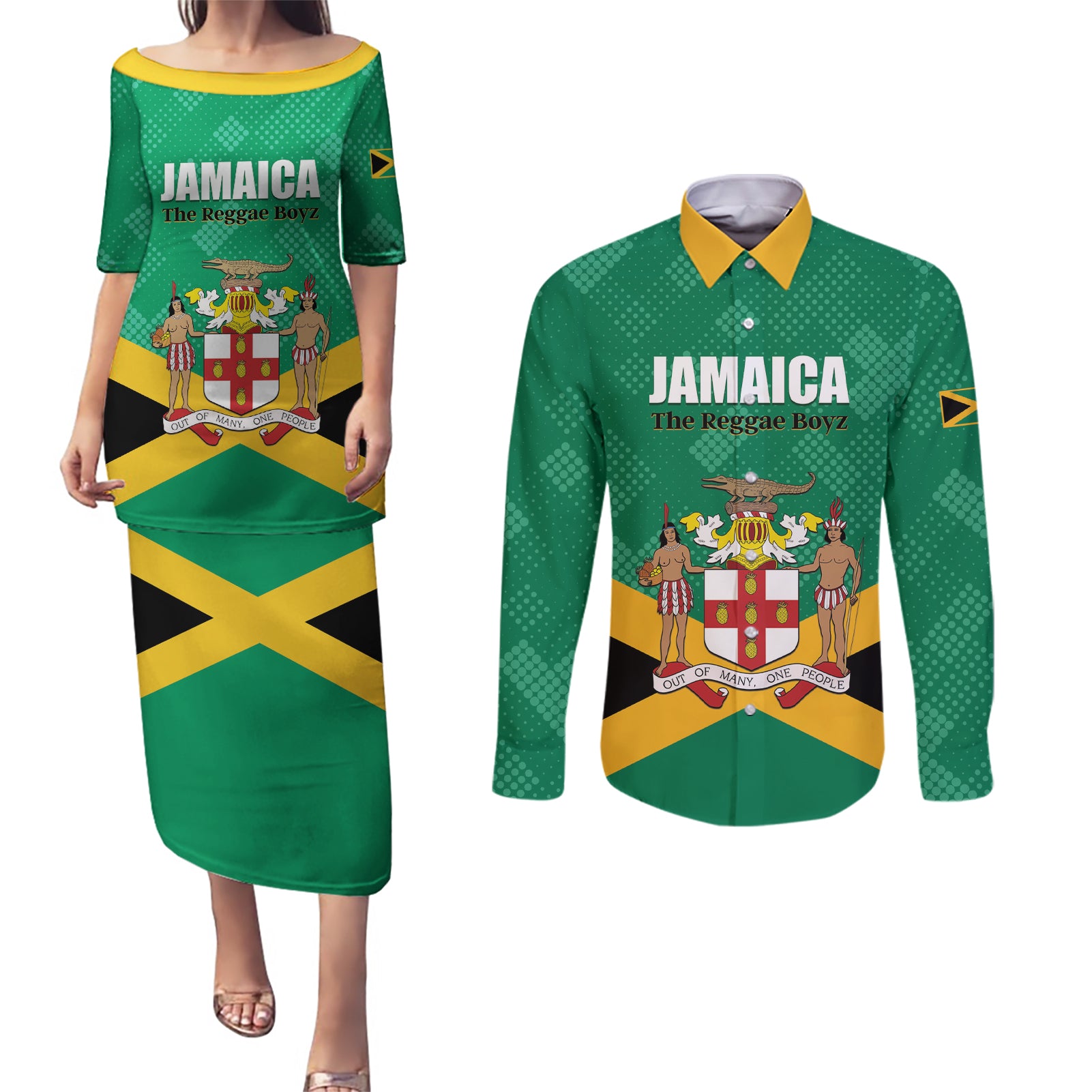 Personalized Jamaica 2024 Couples Matching Puletasi and Long Sleeve Button Shirt Jumieka Reggae Boyz - Wonder Print Shop