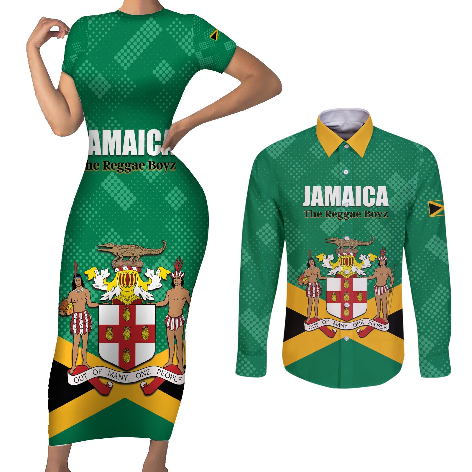 Personalized Jamaica 2024 Couples Matching Short Sleeve Bodycon Dress and Long Sleeve Button Shirt Jumieka Reggae Boyz - Wonder Print Shop