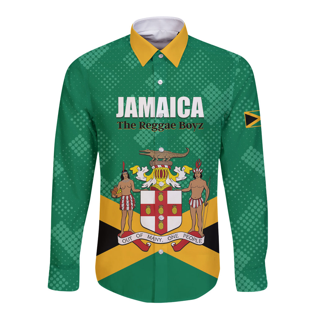 Green long-sleeve button shirt with Jamaica crest and graphic, yellow collar