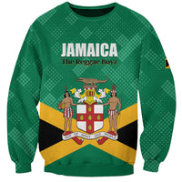 Green unisex crewneck sweatshirt with Jamaica front graphic and long sleeves