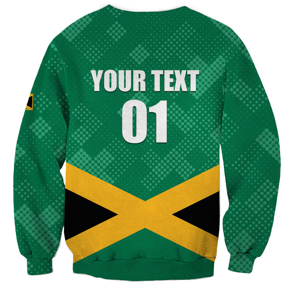 Green unisex crewneck sweatshirt back with YOUR TEXT 01 and Jamaica flag print