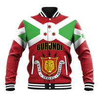 Red varsity jacket with Burundi crest, BURUNDI lettering, green white panel stripes