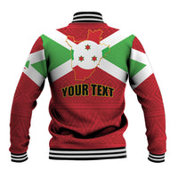Red varsity jacket with Burundi coat of arms, custom text, striped rib trim