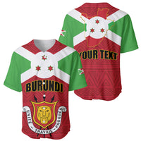 Two-view personalized Burundi baseball jersey set, green/red/white with crest and 'YOUR TEXT'