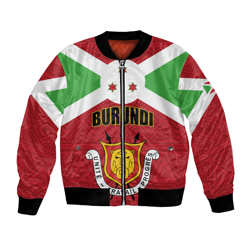 Red bomber jacket with full-zip, black collar, Burundi crest and African flag pattern