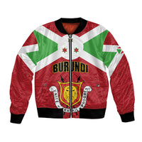 Red bomber jacket with full-zip, black collar, Burundi crest and African flag pattern