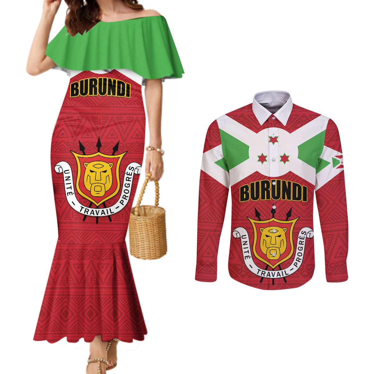 Personalized Burundi Couples Matching Mermaid Dress and Long Sleeve Button Shirt Coat Of Arms African Pattern