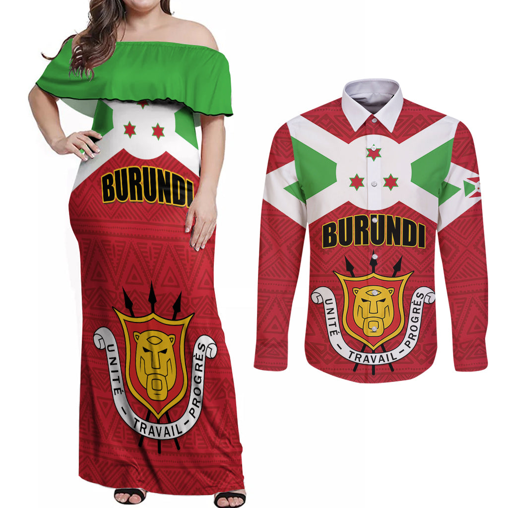 Personalized Burundi Couples Matching Off Shoulder Maxi Dress and Long Sleeve Button Shirt Coat Of Arms African Pattern - Wonder Print Shop