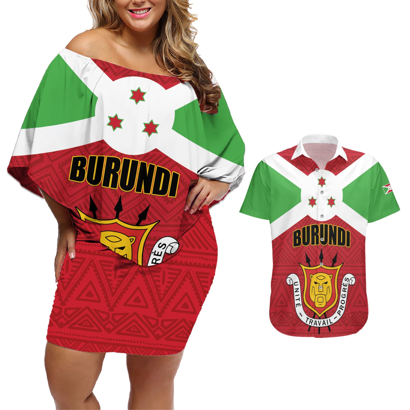 Personalized Burundi Couples Matching Off Shoulder Short Dress and Hawaiian Shirt Coat Of Arms African Pattern - Wonder Print Shop