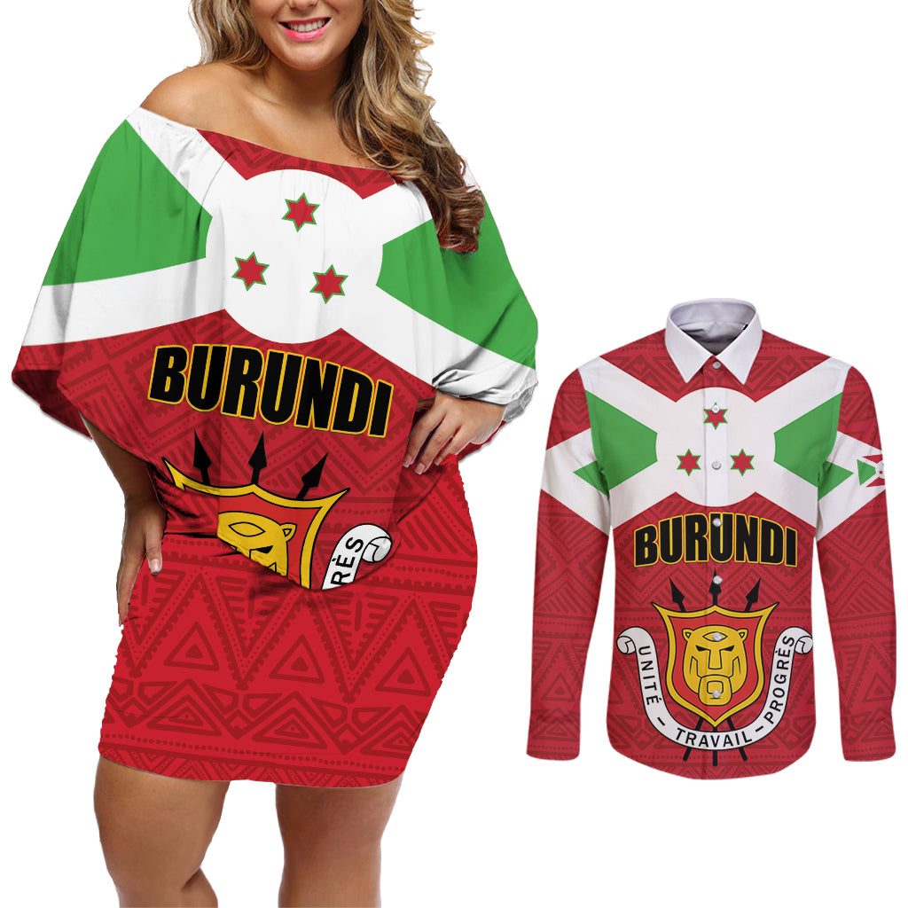 Personalized Burundi Couples Matching Off Shoulder Short Dress and Long Sleeve Button Shirt Coat Of Arms African Pattern - Wonder Print Shop