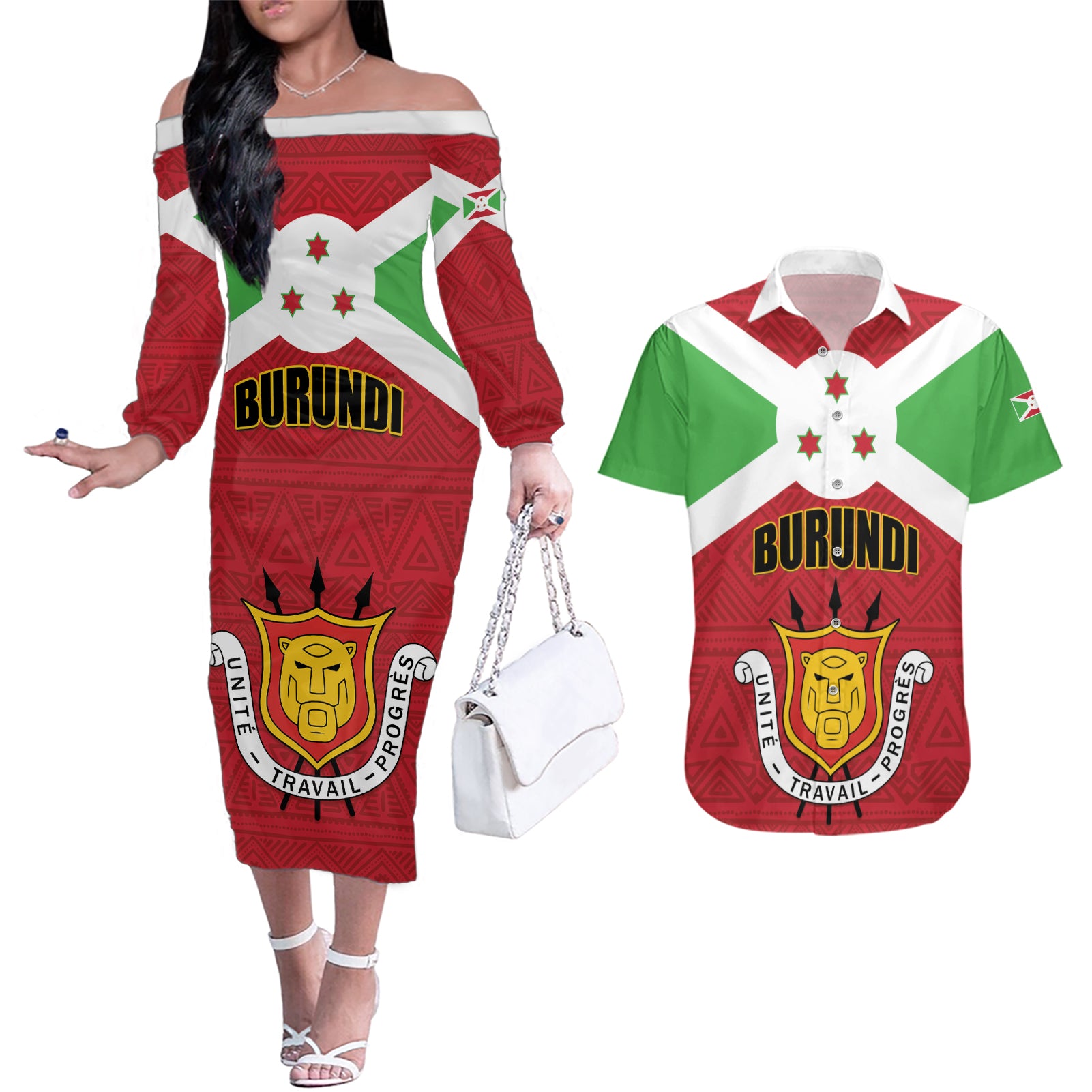 Personalized Burundi Couples Matching Off The Shoulder Long Sleeve Dress and Hawaiian Shirt Coat Of Arms African Pattern - Wonder Print Shop