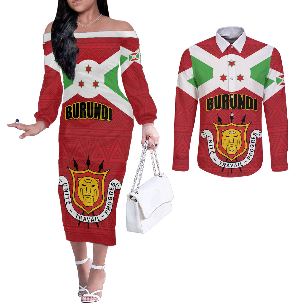 Personalized Burundi Couples Matching Off The Shoulder Long Sleeve Dress and Long Sleeve Button Shirt Coat Of Arms African Pattern