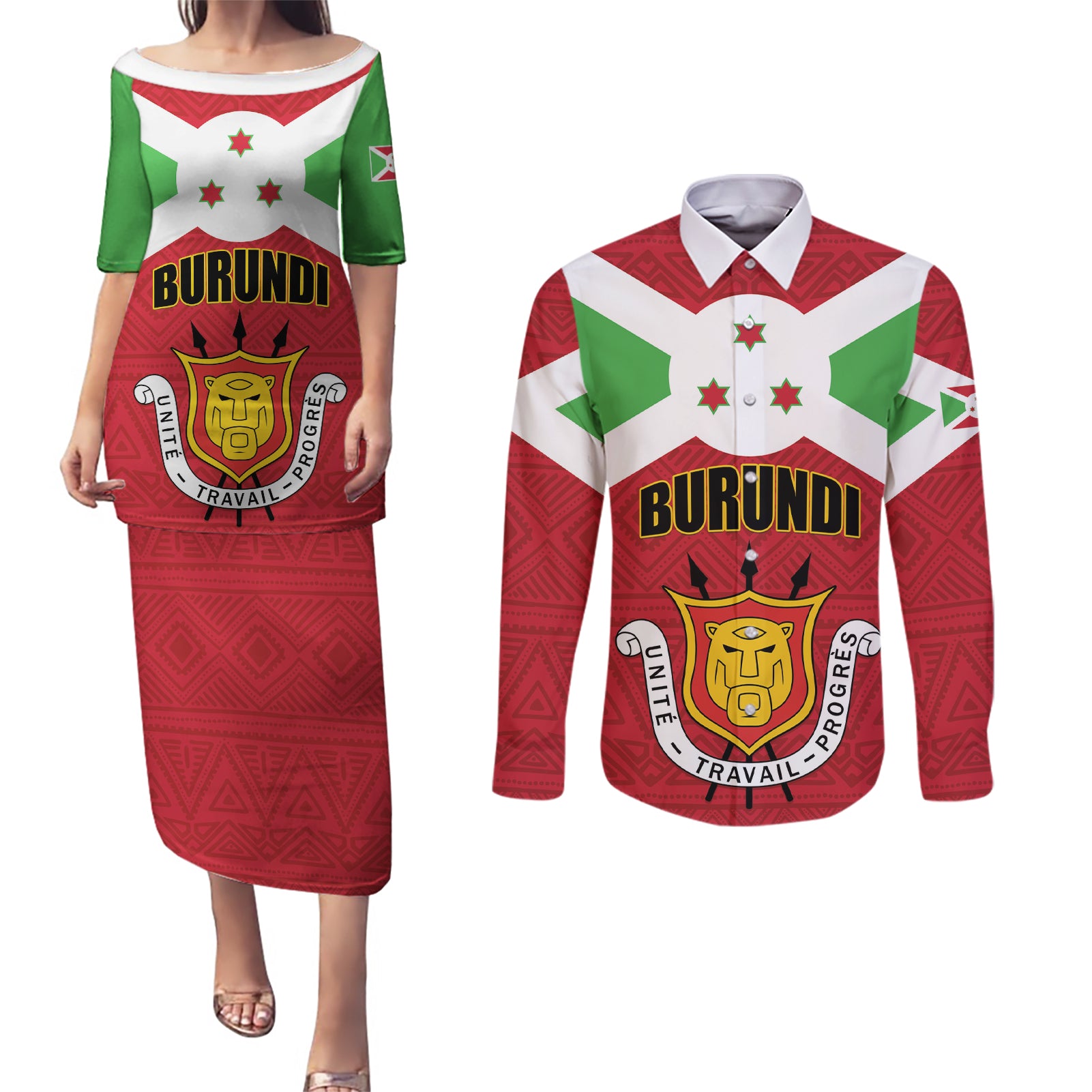 Personalized Burundi Couples Matching Puletasi and Long Sleeve Button Shirt Coat Of Arms African Pattern - Wonder Print Shop