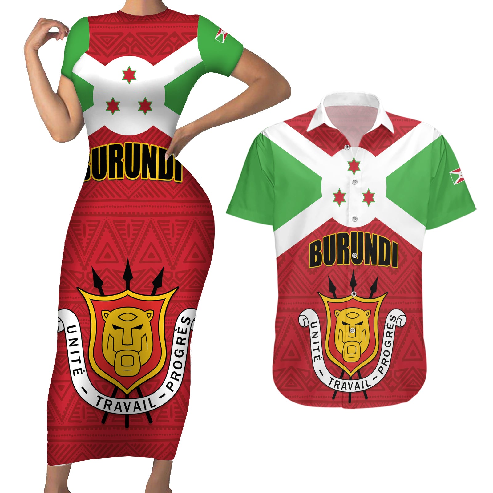 Personalized Burundi Couples Matching Short Sleeve Bodycon Dress and Hawaiian Shirt Coat Of Arms African Pattern - Wonder Print Shop