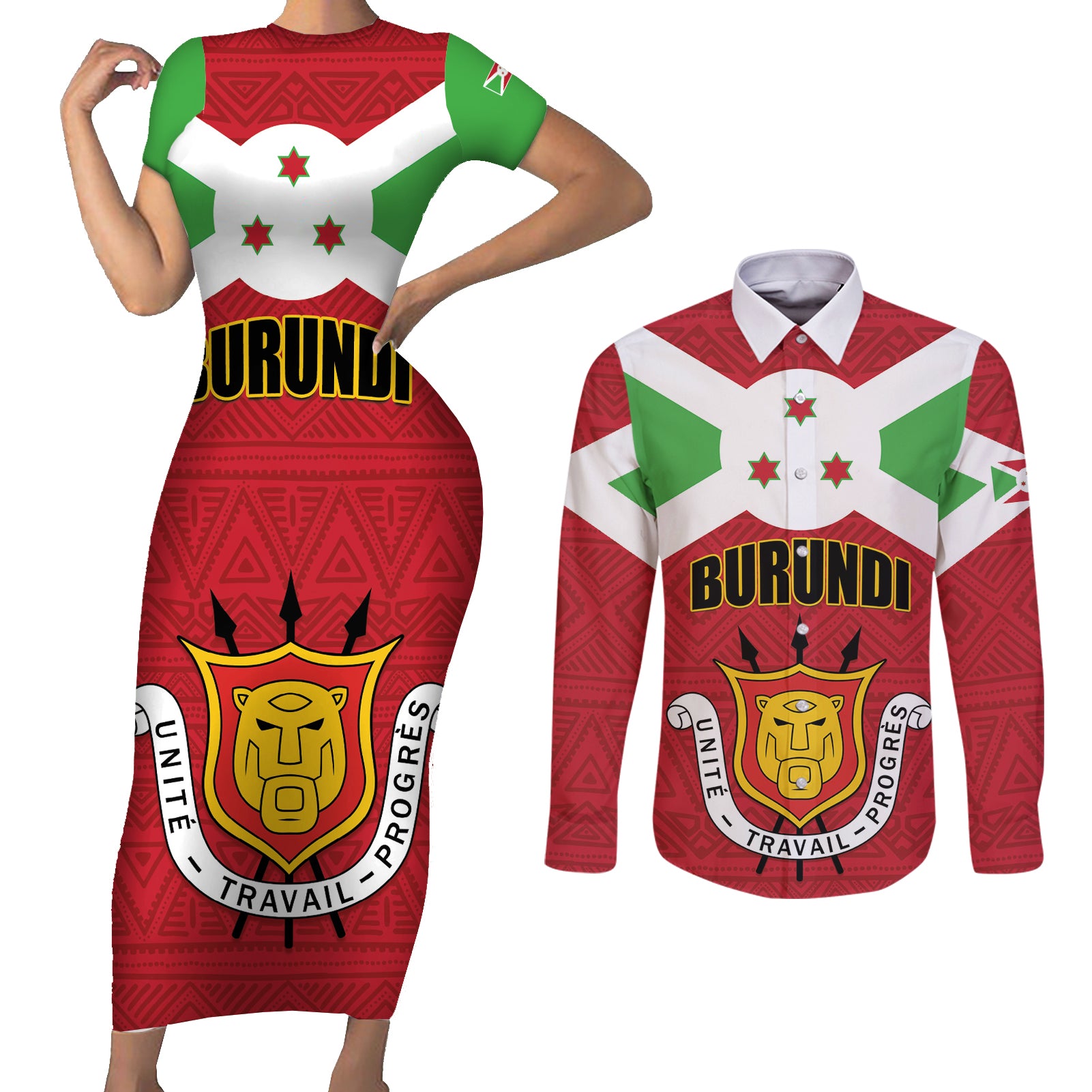 Personalized Burundi Couples Matching Short Sleeve Bodycon Dress and Long Sleeve Button Shirt Coat Of Arms African Pattern - Wonder Print Shop