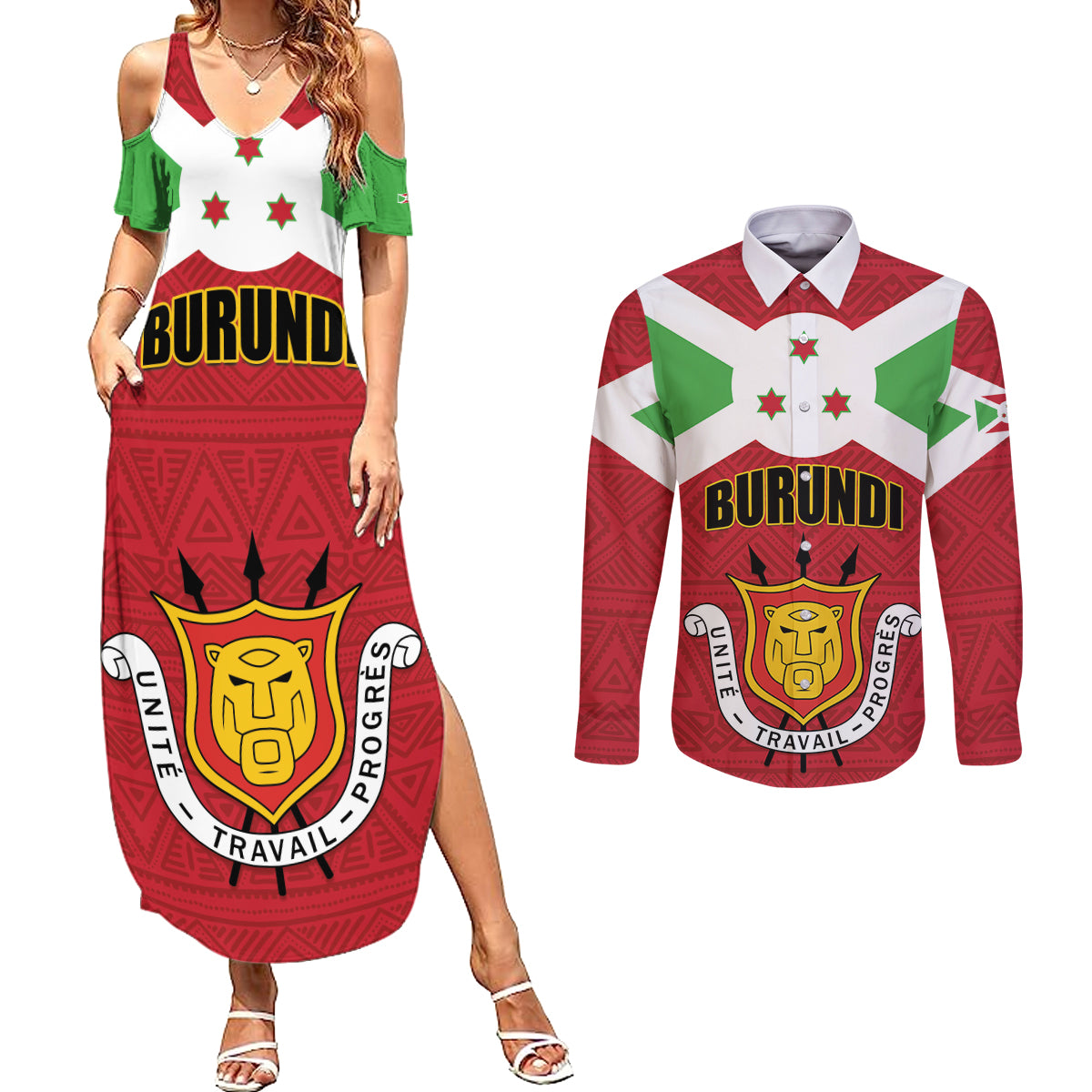 Personalized Burundi Couples Matching Summer Maxi Dress and Long Sleeve Button Shirt Coat Of Arms African Pattern - Wonder Print Shop