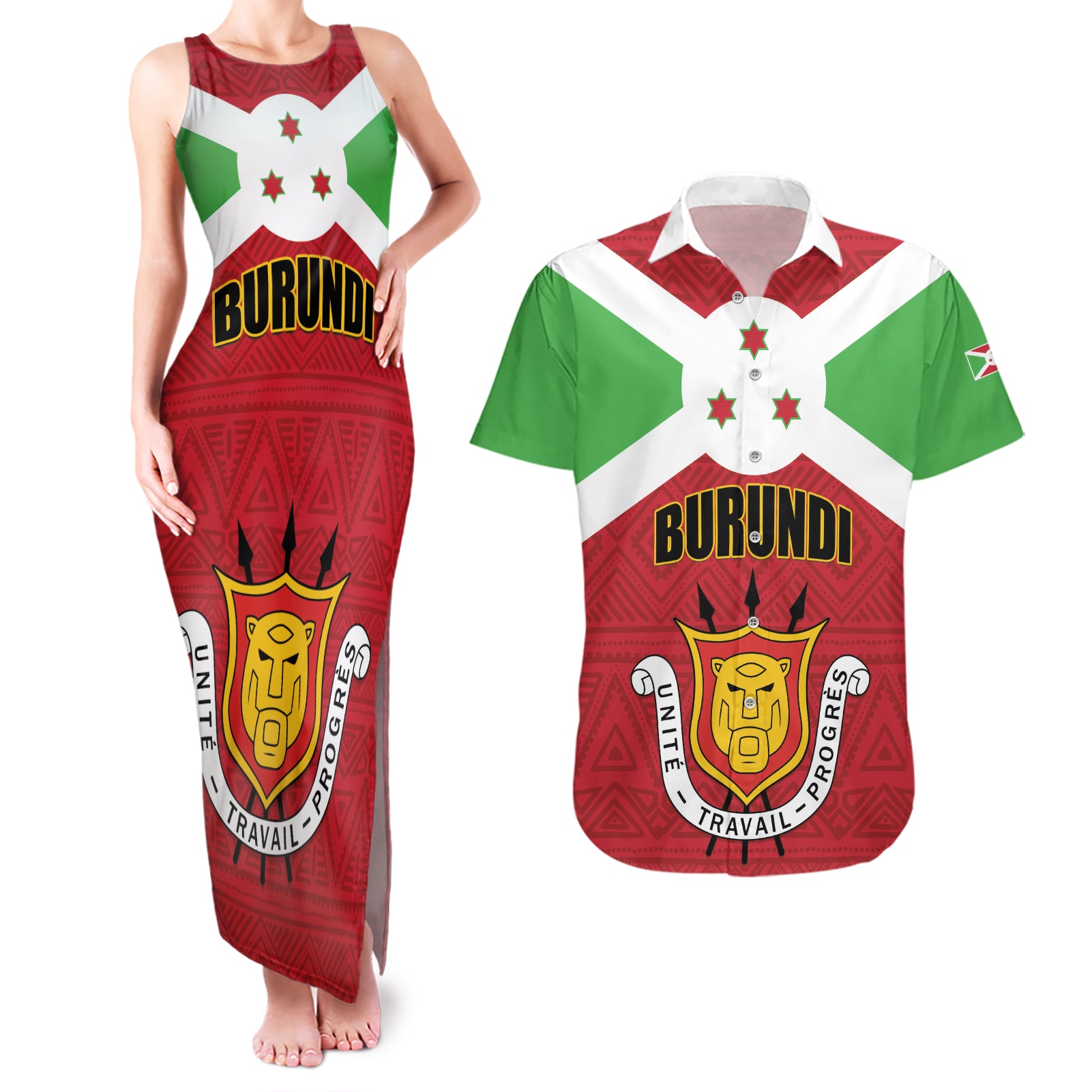 Personalized Burundi Couples Matching Tank Maxi Dress and Hawaiian Shirt Coat Of Arms African Pattern - Wonder Print Shop