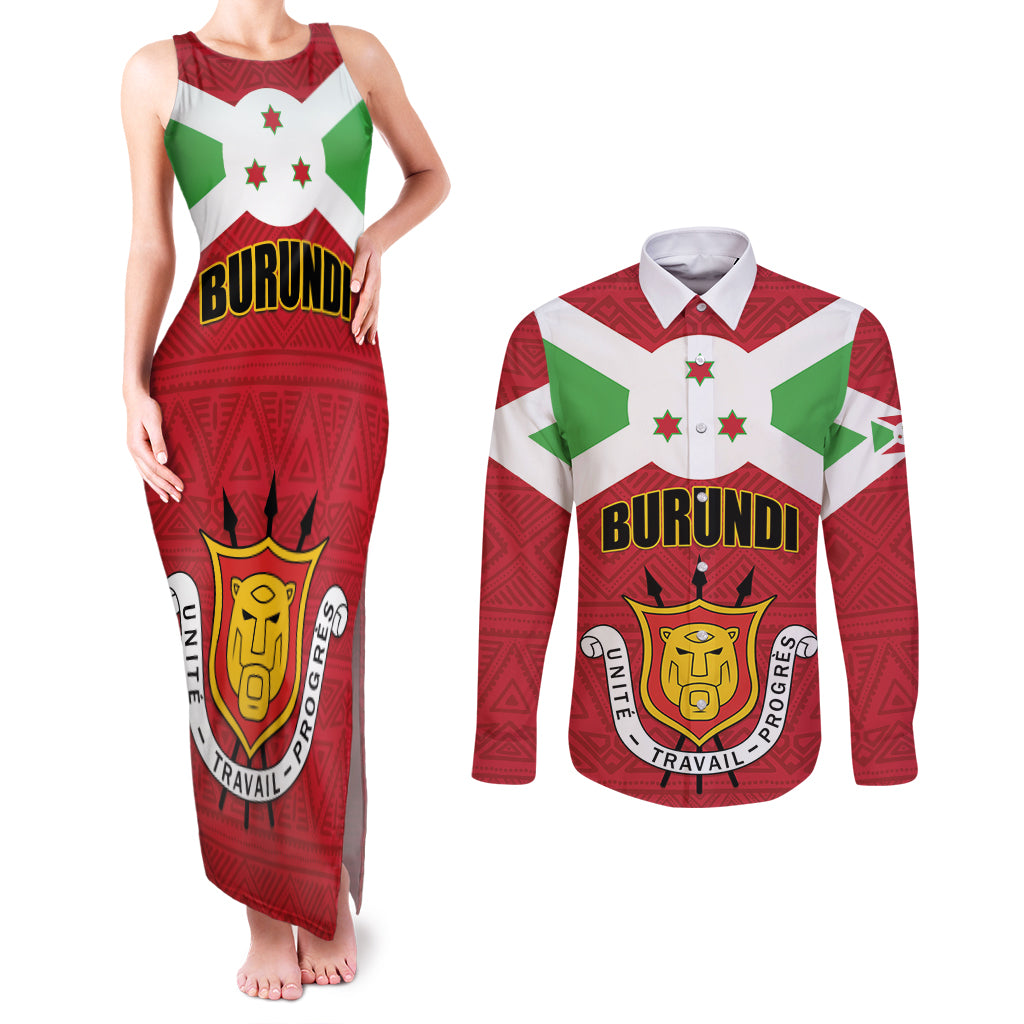 Personalized Burundi Couples Matching Tank Maxi Dress and Long Sleeve Button Shirt Coat Of Arms African Pattern - Wonder Print Shop