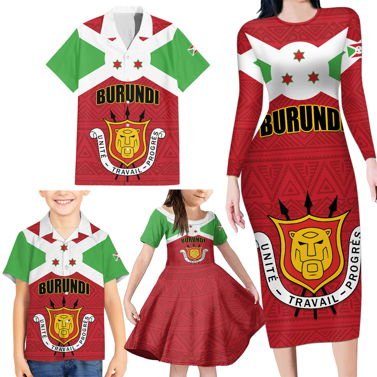 Personalized Burundi Family Matching Long Sleeve Bodycon Dress and Hawaiian Shirt Coat Of Arms African Pattern - Wonder Print Shop