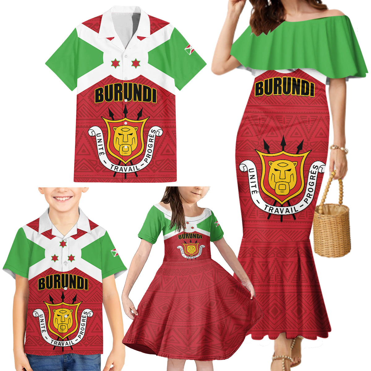 Personalized Burundi Family Matching Mermaid Dress and Hawaiian Shirt Coat Of Arms African Pattern - Wonder Print Shop