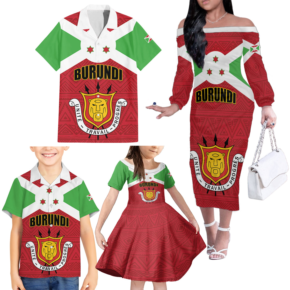 Personalized Burundi Family Matching Off The Shoulder Long Sleeve Dress and Hawaiian Shirt Coat Of Arms African Pattern - Wonder Print Shop