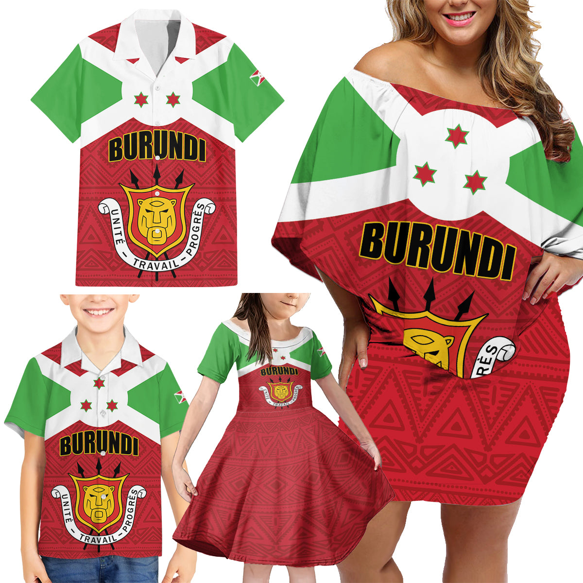 Personalized Burundi Family Matching Off Shoulder Short Dress and Hawaiian Shirt Coat Of Arms African Pattern - Wonder Print Shop