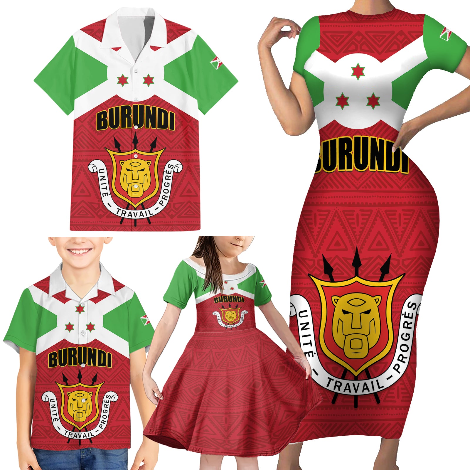 Personalized Burundi Family Matching Short Sleeve Bodycon Dress and Hawaiian Shirt Coat Of Arms African Pattern - Wonder Print Shop