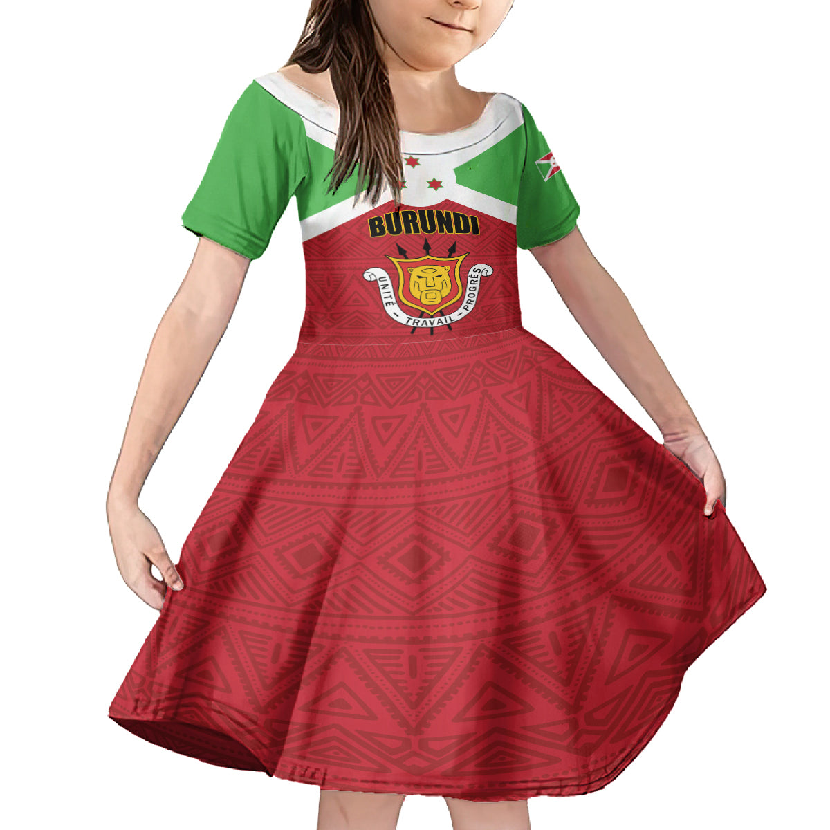 Personalized Burundi Kid Short Sleeve Dress Coat Of Arms African Pattern - Wonder Print Shop