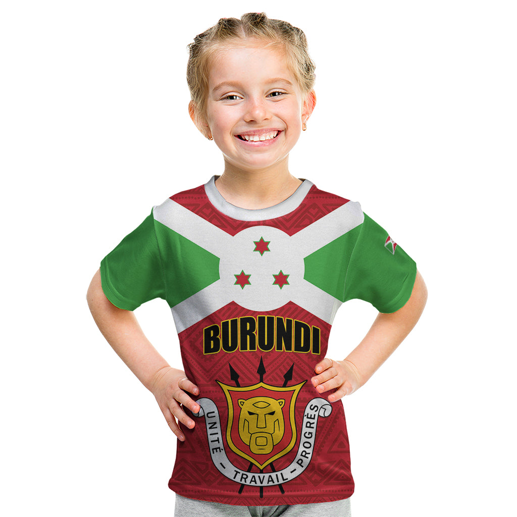 Personalized Burundi Kid T Shirt Coat Of Arms African Pattern - Wonder Print Shop