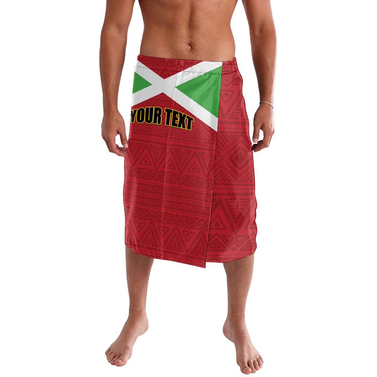 Red patterned lavalava wrap skirt with flag and 'YOUR TEXT' print
