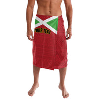 Red patterned lavalava wrap skirt with flag and 'YOUR TEXT' print