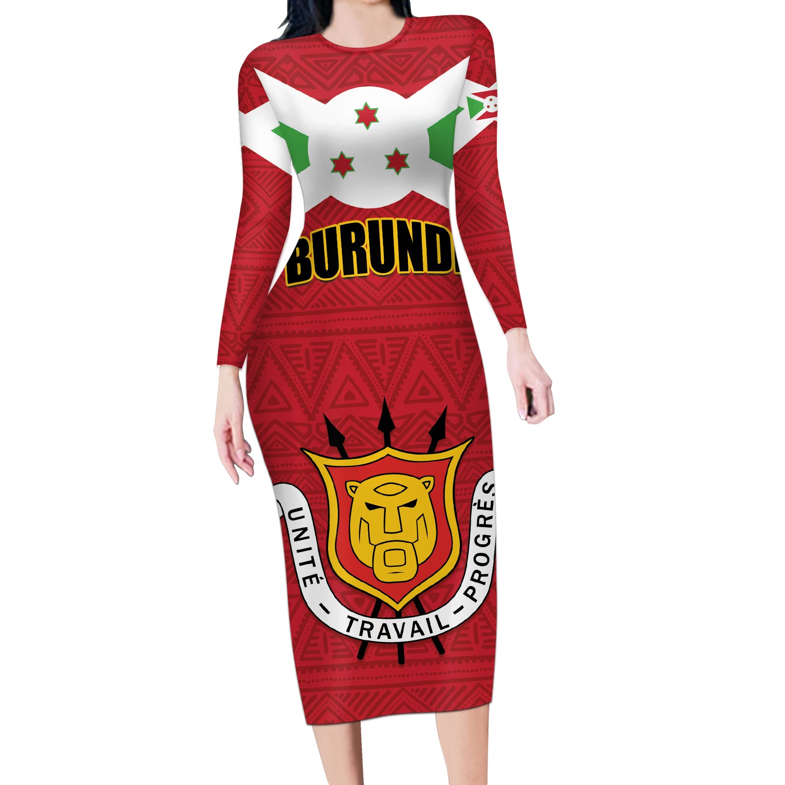 Personalized Burundi Long Sleeve Bodycon Dress Coat Of Arms African Pattern - Wonder Print Shop