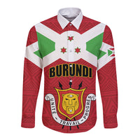 Long-sleeve button shirt in red, white, and green with Burundi crest graphic (front)