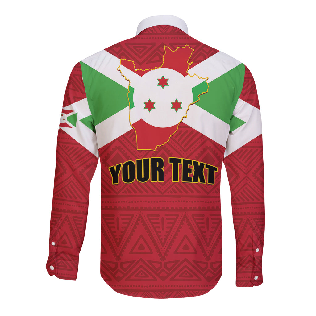 Long-sleeve button shirt in red, white, and green with Burundi map/flag and 'YOUR TEXT' (back)