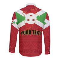Long-sleeve button shirt in red, white, and green with Burundi map/flag and 'YOUR TEXT' (back)