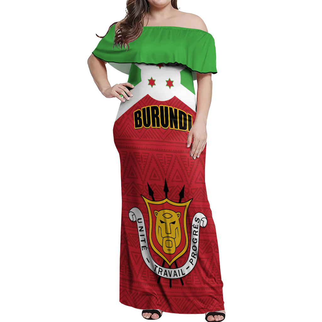 Personalized Burundi Off Shoulder Maxi Dress Coat Of Arms African Pattern - Wonder Print Shop