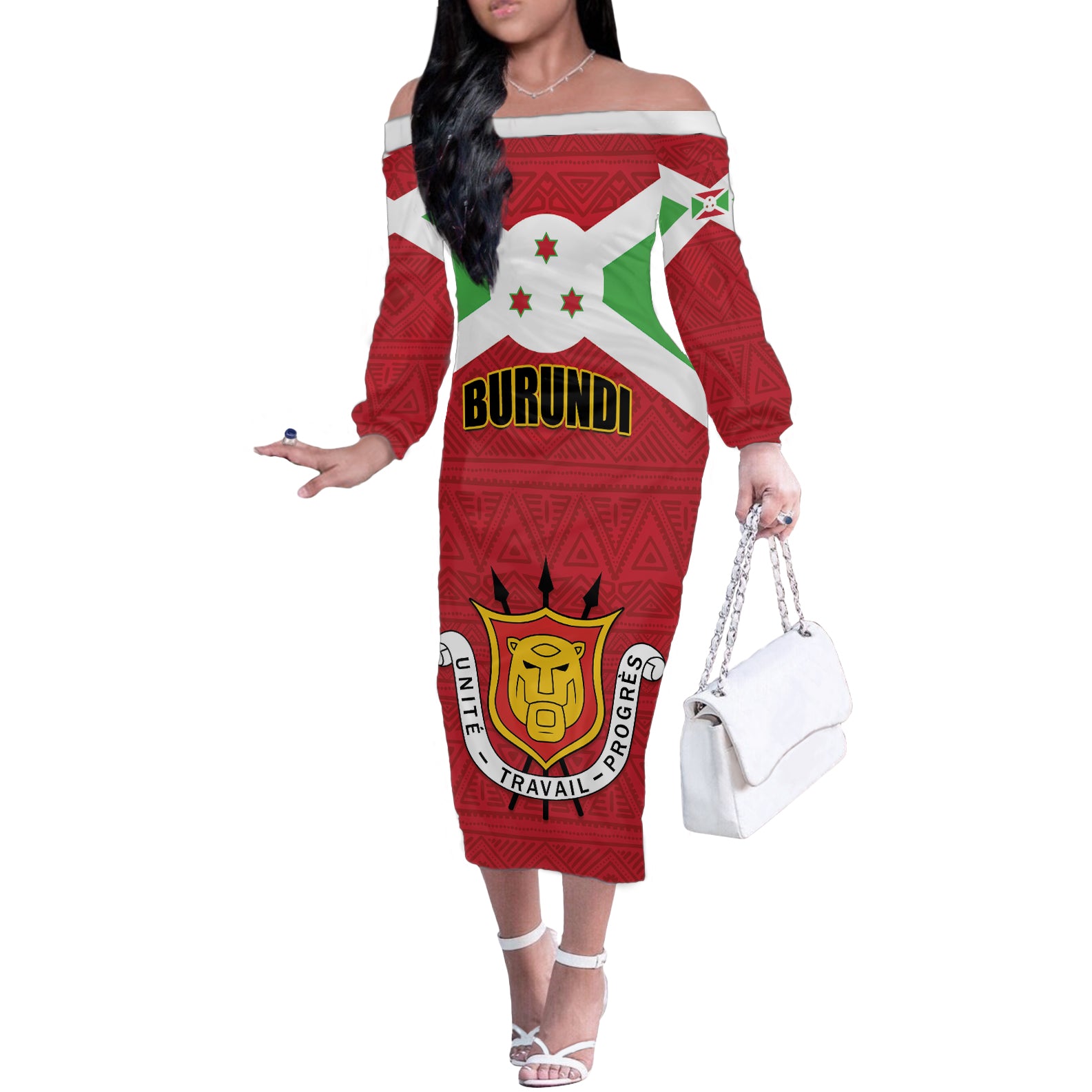 Personalized Burundi Off The Shoulder Long Sleeve Dress Coat Of Arms African Pattern - Wonder Print Shop