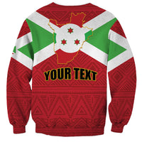Red unisex sweatshirt with map of Burundi and 'YOUR TEXT' banner, geometric pattern