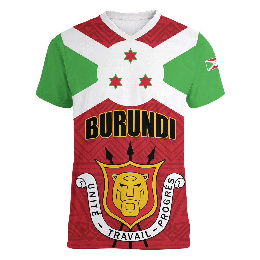 Personalized Burundi Women V-Neck T-Shirt Coat Of Arms African Pattern - Wonder Print Shop