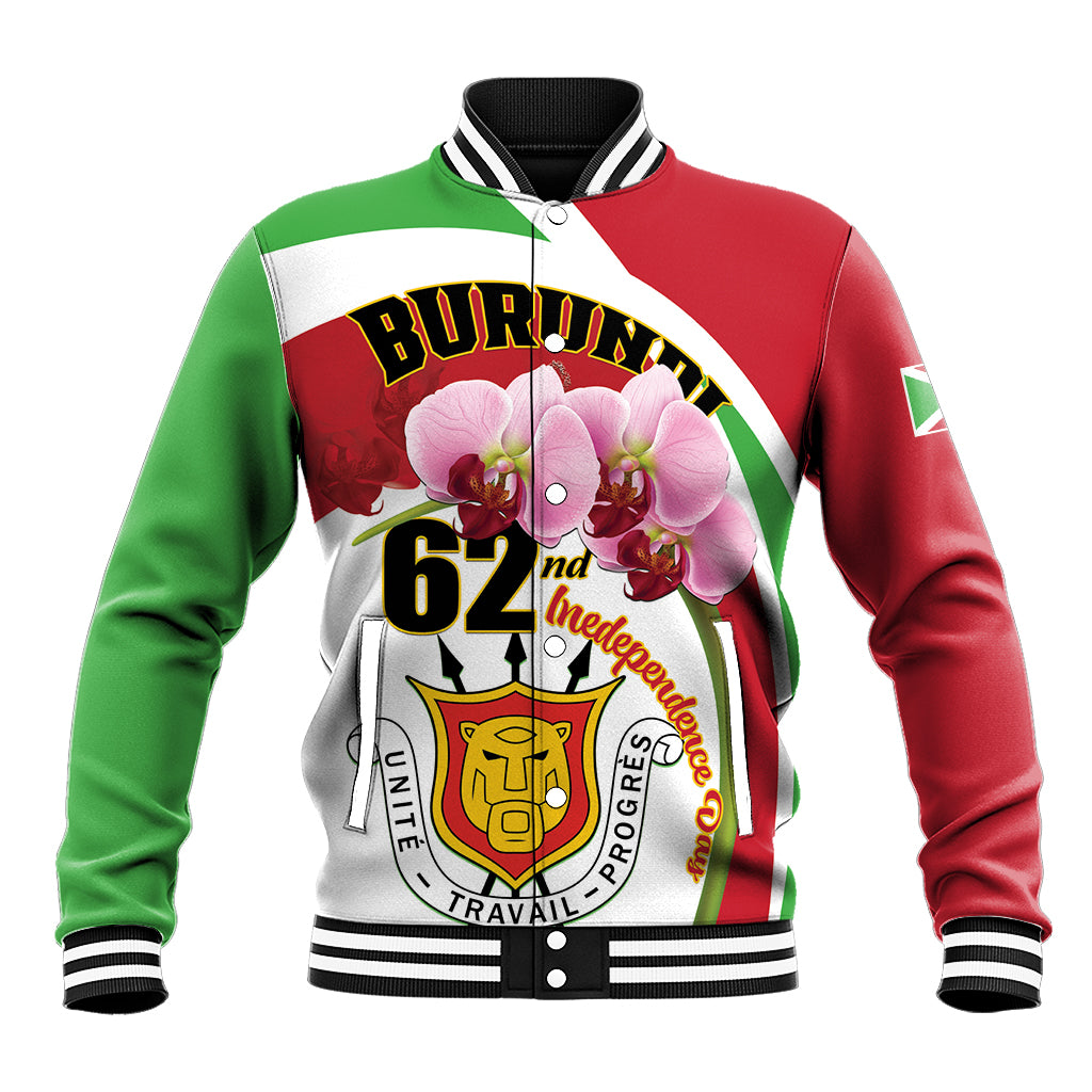 Personalized baseball jacket with Burundi flag colors, floral crest and ribbed black trim