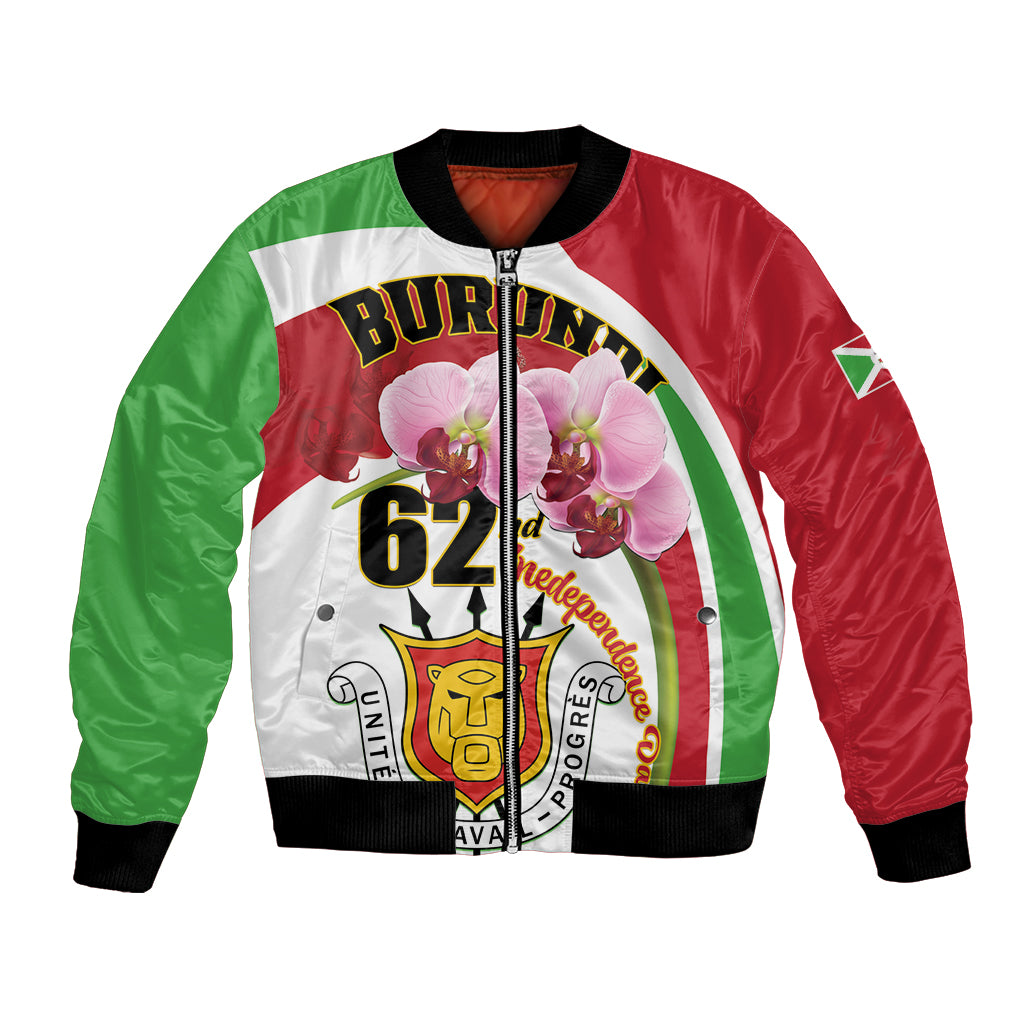 Red green white bomber jacket with black ribbed cuffs and '62' independence graphic