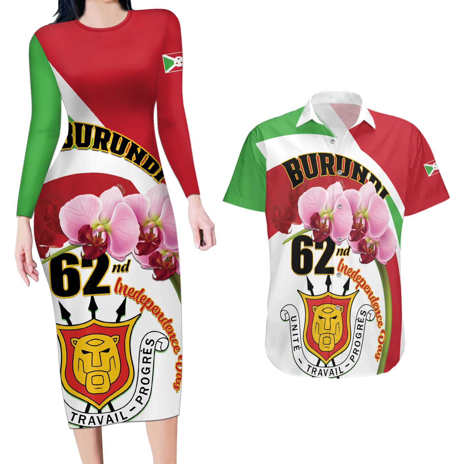 Personalized Burundi Independence Day Couples Matching Long Sleeve Bodycon Dress and Hawaiian Shirt Coat Of Arms Bujumbura Flower - Wonder Print Shop